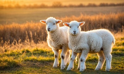 Obraz premium Lambs standing in a field at sunset