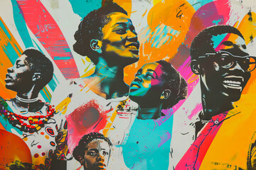 Abstract collage background design with African American faces on a dynamic background, combining urban fashion with abstract art elements