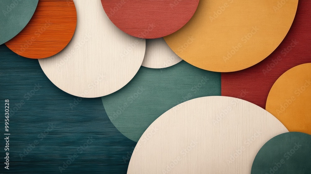 Poster a colorful abstract composition featuring circular shapes in various sizes and textures, arranged pl