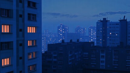 A serene cityscape at dusk, showcasing illuminated windows against a backdrop of blue twilight.