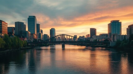 Vibrant Urban Sunset Skyline Reflecting on the River