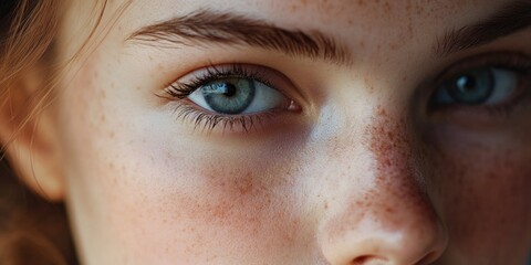 Obraz premium Close-up of a woman with freckles, focusing on her eyes and nose.