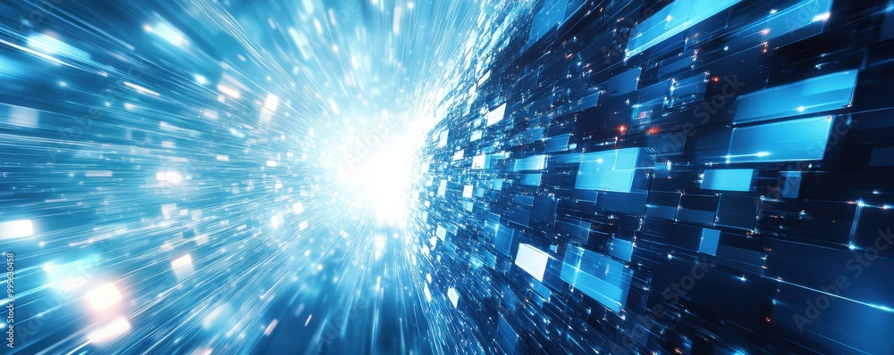 Poster dynamic blue background with light rays and glowing digital elements creating futuristic energy flow