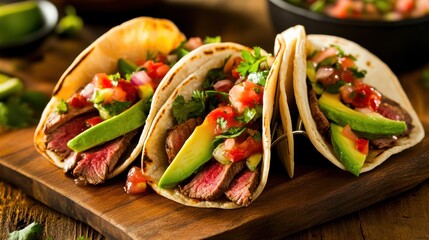 Delicious beef tacos garnished with fresh vegetables on a wooden board.