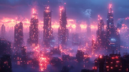 Fototapeta premium Cyberpunk Cityscape with Neon Skyscrapers and Dark Sky Generative AI
