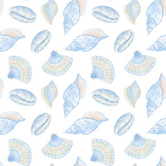 blue sea shells. Cute watercolor pattern on white background for textile and wrapping paper. Underwater world