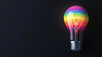 Electric light bulb emitting rainbow colors, set against a dark background, ambient light rays highlighting the spectrum, symbolizing diversity