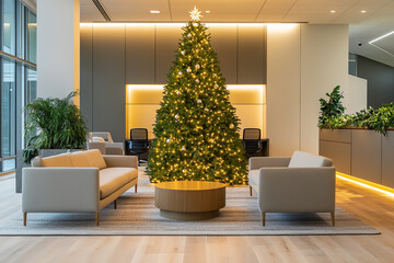 Modern Office Christmas Atmosphere with Large Fir Tree Centerpiece  