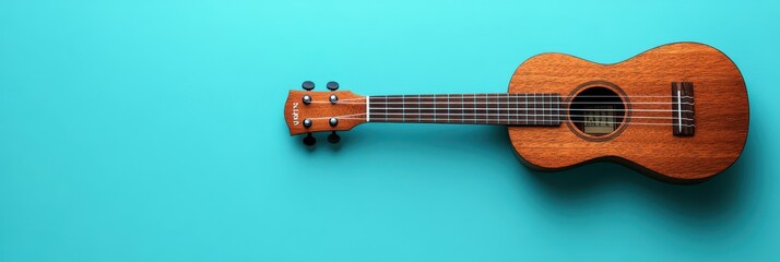Naklejka premium A beautiful wooden ukulele on a vibrant turquoise background, showcasing its elegant design and craftsmanship, background with copy space