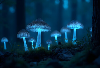 Fototapeta premium Glowing blue mushrooms illuminate dark forest, creating mystical atmosphere. ethereal light contrasts beautifully with surrounding shadows, evoking sense of wonder and enchantment
