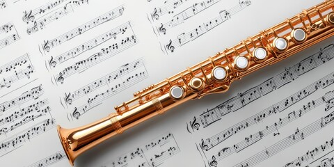 Fototapeta premium A close-up of a shiny golden flute resting on musical sheet music, capturing the essence of music and creativity, background with copy space