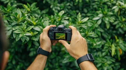 A person holds a camera while capturing a photo of lush green foliage, surrounded by vibrant leaves in a natural setting.