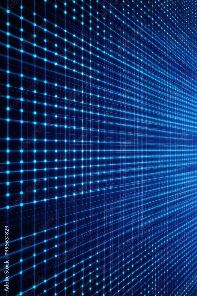 Poster blue grid pattern with glowing neon lines on a futuristic digital background