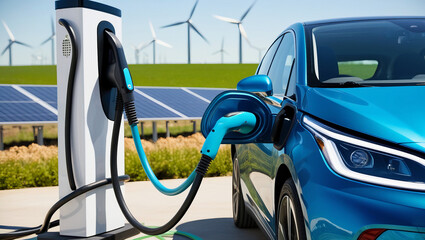 Naklejka premium Electric car charging at solar-powered station for sustainable transportation