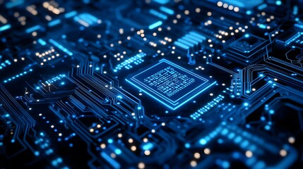 Fototapeta premium A digital circuit board with glowing nodes and pathways, representing the advanced technology of artificial intelligence