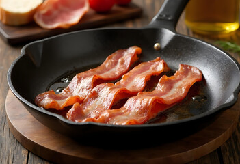 Fototapeta premium Delicious bacon slices sizzling in frying pan, showcasing mouthwatering breakfast treat. crispy texture and rich aroma create inviting atmosphere for food lovers