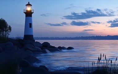 Fototapeta premium A serene lighthouse stands by the water at dusk, guiding ships with its light amidst tranquil waves and a colorful sky.