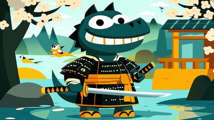 Friendly Dinosaur Samurai in a Japanese Garden