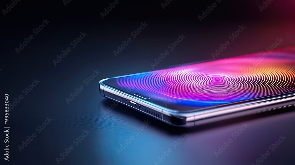 Poster a close-up of a sleek smartphone displaying vibrant, swirling patterns on its surface against a dark