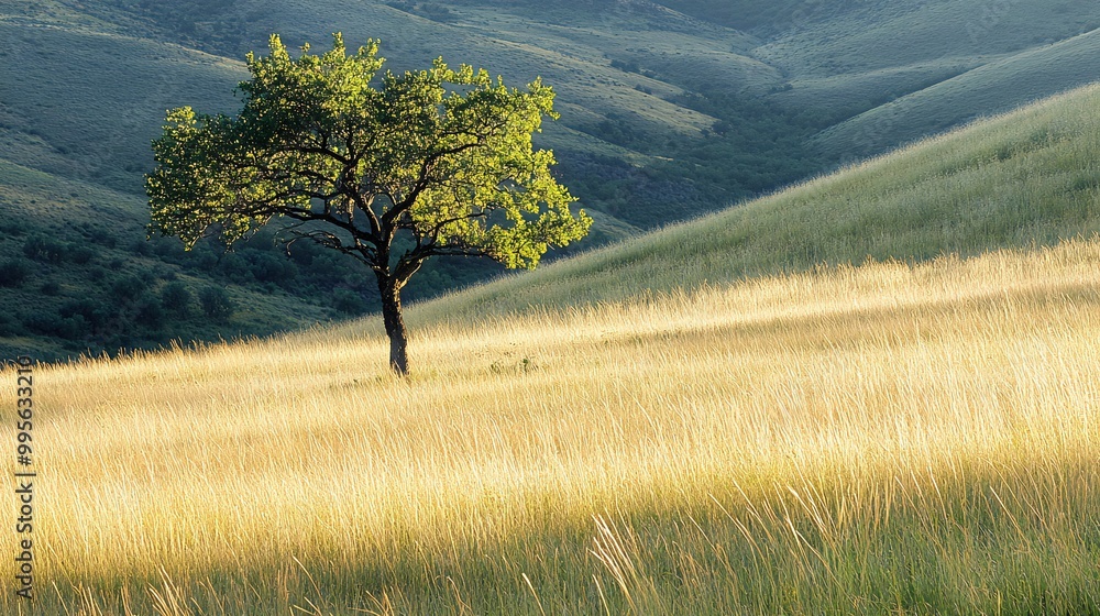 Poster a lone tree stands tall in a field of tall grass with rolling hills in the background.
