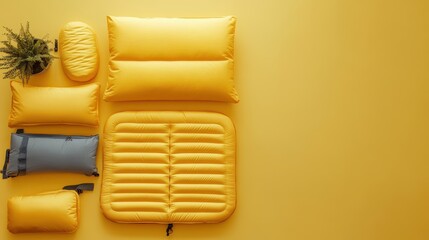 Bright yellow cushions and an inflatable mat create a cheerful and cozy atmosphere, perfect for relaxation or outdoor activities, background with copy space