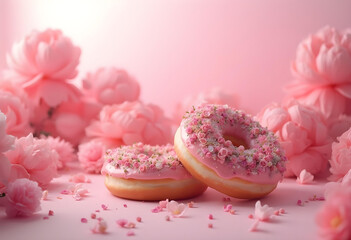 Naklejka premium Delightful pink donuts adorned with floral decorations sit amidst backdrop of soft pink flowers, creating whimsical and charming atmosphere perfect for celebrations