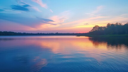 Naklejka premium The calm lake at sunset showcases breathtaking reflections of a colorful sky, offering a picturesque view that evokes tranquility and peace.