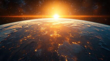 The sun rises over Earth, casting a warm glow across the planet's surface while stars twinkle in the dark expanse