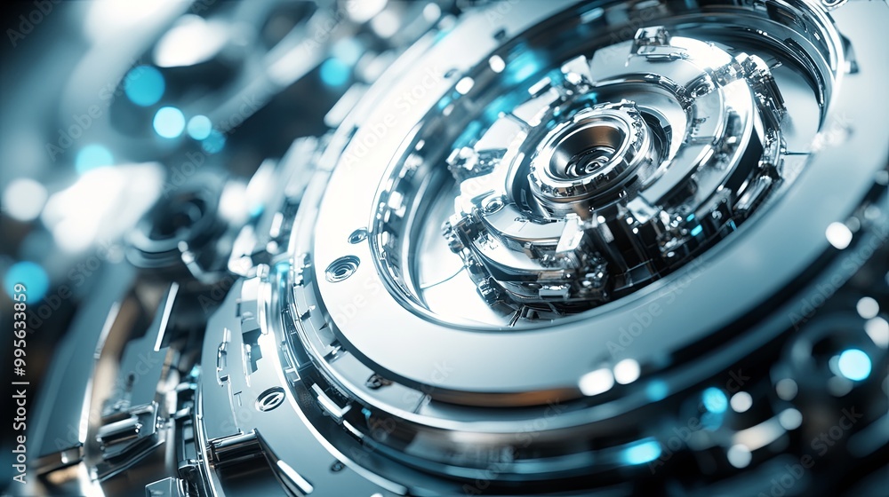 Poster a close-up of intricate metallic gears and components, showcasing a futuristic design with a polishe