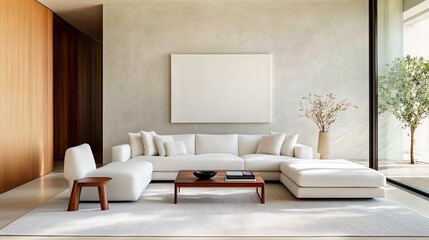 A modern, minimalist living room featuring a plush white sectional sofa, wooden accents, and large windows allowing natural light.