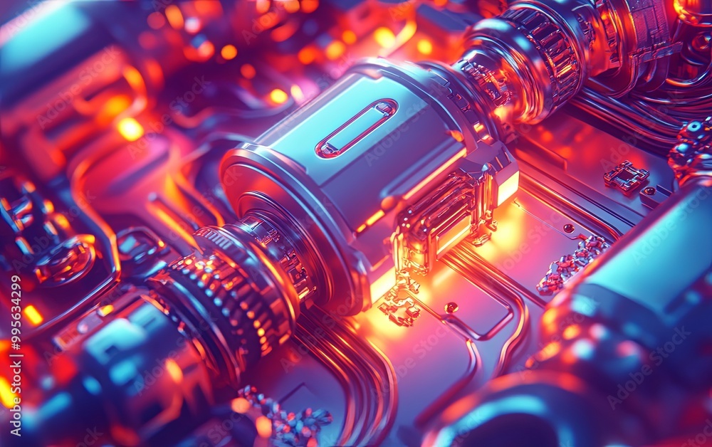 Poster a close-up view of intricate metallic components illuminated with vibrant colors, showcasing technol