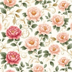A floral pattern featuring blooming peonies in pink and cream hues with green leaves, creating an elegant and cheerful design.