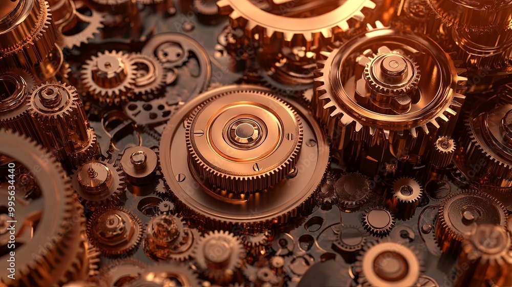 Poster a close-up view of intricate bronze gears and cogs, showcasing mechanical design and engineering pre