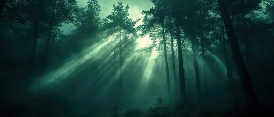 Mystical forest scene showcasing rays of sunlight piercing through fog and tall trees, creating an ethereal atmosphere.