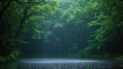 Obraz premium Heavy rain falls in a dense forest, creating ripples on the surface of a peaceful lake surrounded by trees