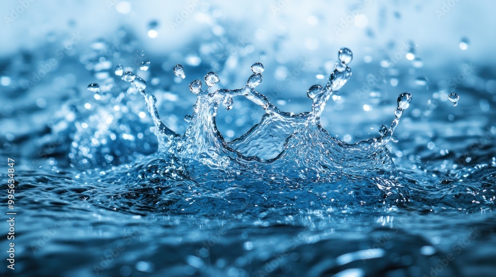 Poster droplets fall into a pool of clear blue water, creating captivating splashes and reflections in brig