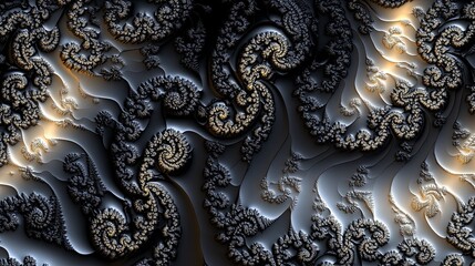 An intricate fractal design featuring swirling patterns in black, gold, and white, showcasing mathematical beauty.