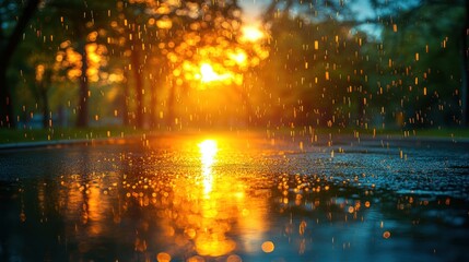Bright orange sunlight shines through raindrops, creating a serene and colorful atmosphere on the wet pavement