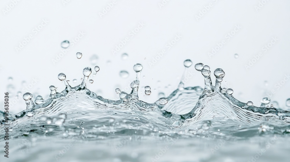 Poster droplets rise and fall, forming splashes on the surface of water with delicate and intricate pattern