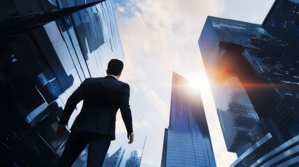 A businessman in a suit stands looking up at towering skyscrapers.