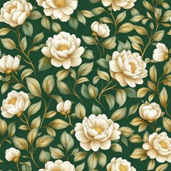 A botanical pattern featuring cream-colored flowers and green foliage, creating a lush, elegant design.