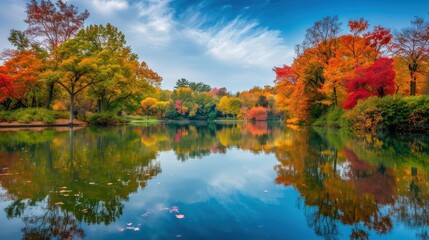 A tranquil lake is framed by autumn trees, their vibrant colors beautifully reflected in the calm waters, creating a picturesque autumn scene.
