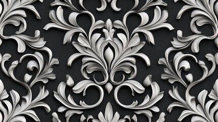 A detailed, embossed floral pattern in shades of gray, suitable for wallpaper or decorative designs.