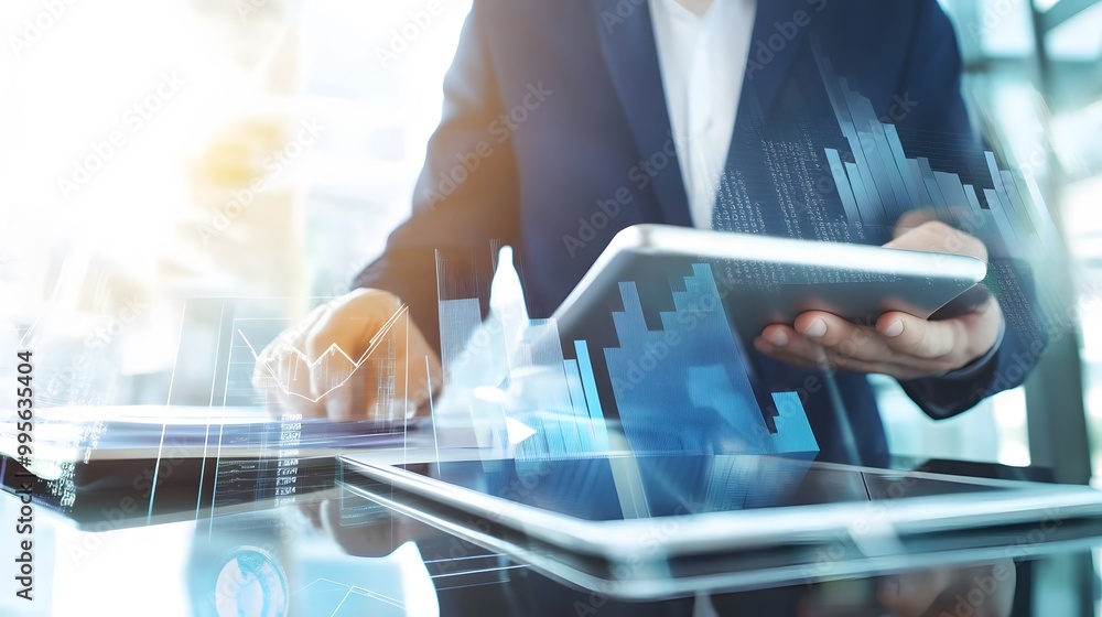 Poster a businessman uses a tablet to analyze data and charts.