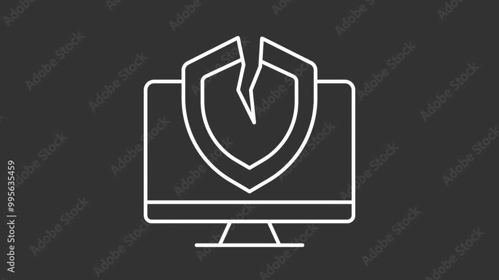 Poster cybersecurity white line animation. digital vulnerability animated icon. shield breakage, shaking. p