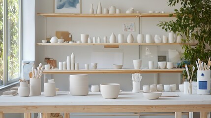 An avant-garde pottery studio with shifting holographic pottery wheels and bioluminescent clay, molding unique creations