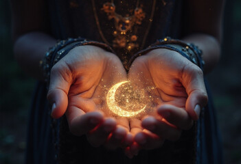 mystical scene featuring womans hands gently cradling glowing crescent moon, surrounded by sparkling particles. This enchanting image evokes sense of magic and wonder