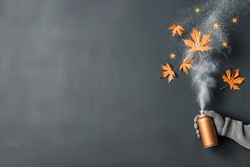 Used cans of spray paint on black background. autumn, black background with leaves. copy space. Sales concept