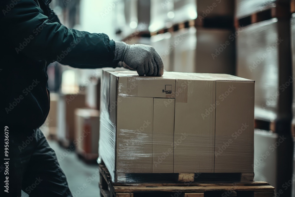 Poster A worker handling a packaged box in a warehouse setting.