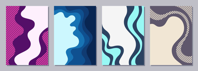 Set of flyers, posters, banners, placards, brochure design templates A6 size. Graphic design vector color templates with smooth wavy shapes and stripes. Vector geometric backgrounds.